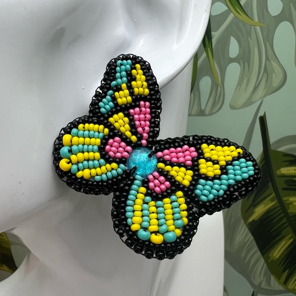 Colorful & Flirty Beaded Embroidery Butterfly -Cute Statement Butterfly Earrings - Picture 3 of 7